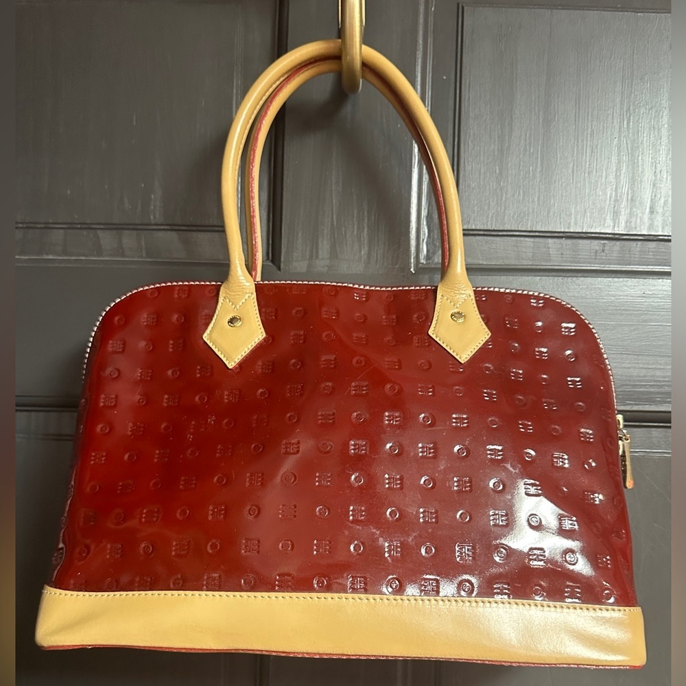 Arcadia Italian Made Patent Leather Dual Handle Dome Purse Burgundy & Tan